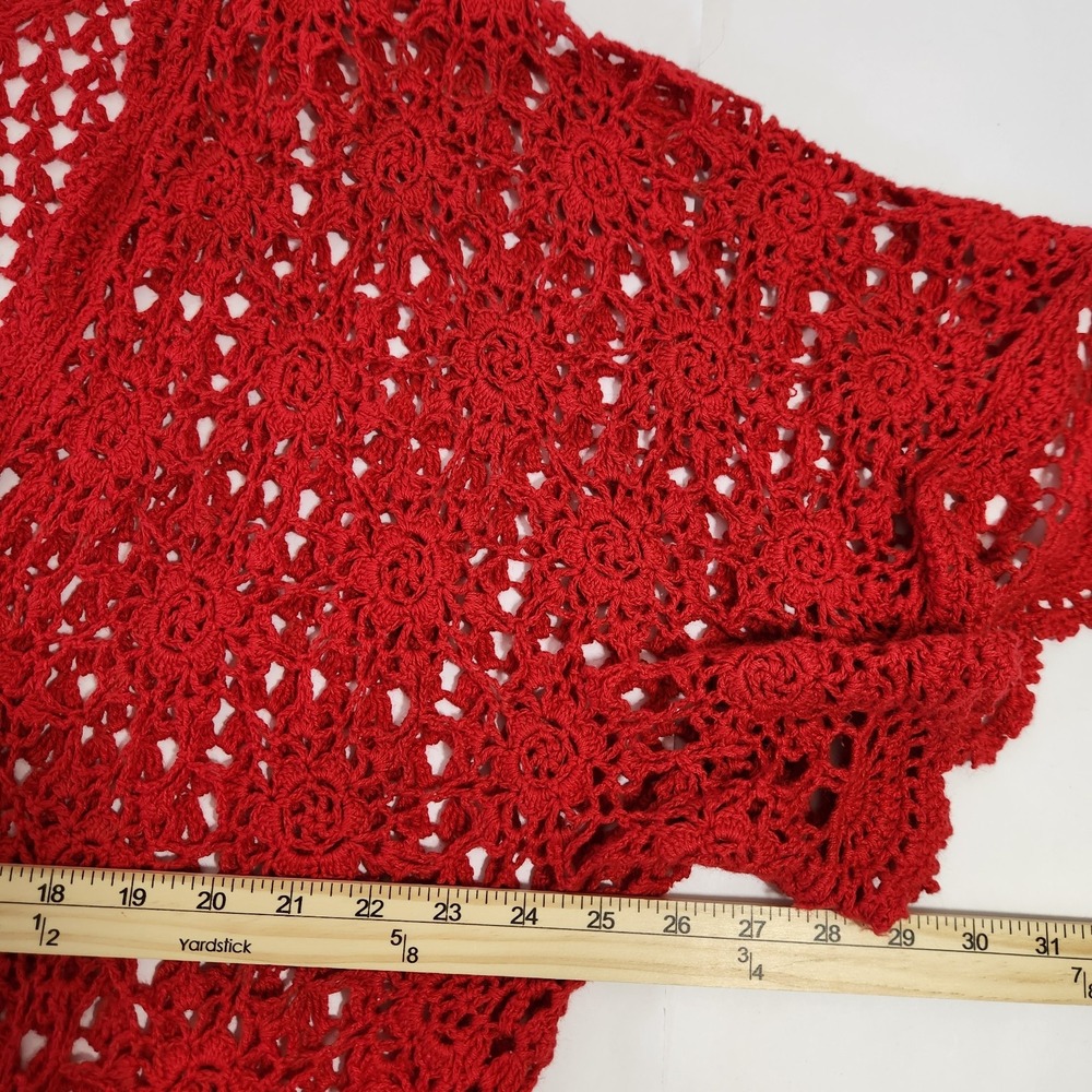 Red Floral Crochet Cardigan Sz 22/24 Boho Whimsigoth Kimono Open Front Festival - Picture 10 of 13